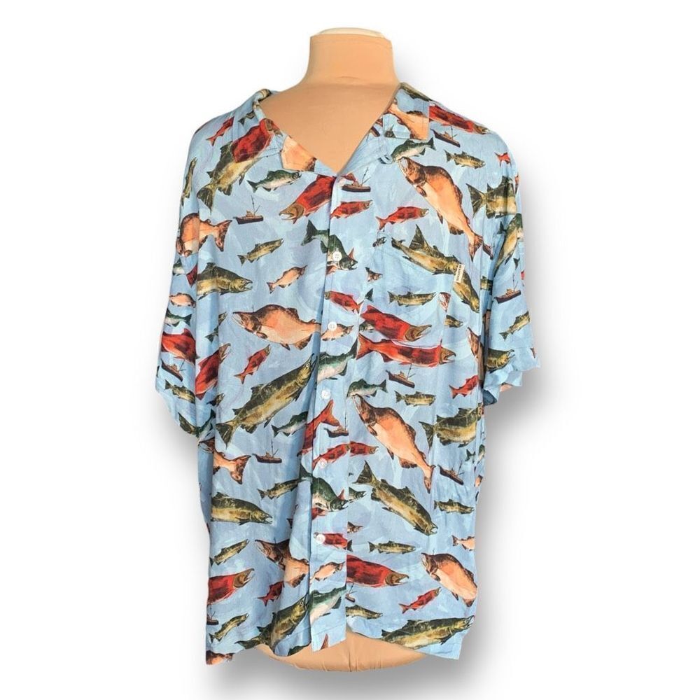 AK Aloha Co Shirt Blue Salmon Fishing Boat Boxy Camp Collar Hawaiian Printed